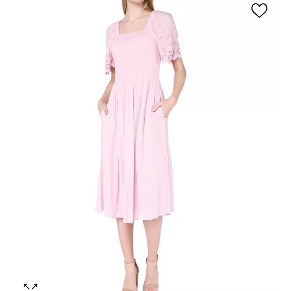 Black Tape Women's Eyelet-Sleeve Smocked Midi Dress in pink size L